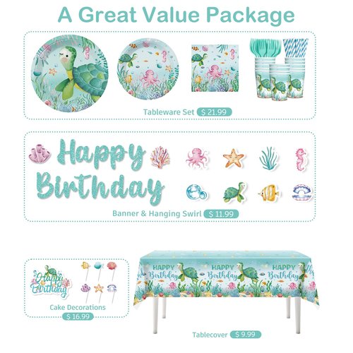 cocomigo 201 Pieces Ocean Party Decorations, All-in-One Sea Turtle Birthday Party Pack, Includes Banner, Plates, Tablecloth, Cake Toppers, Balloons, Under the Sea Decorations for 25 Guests