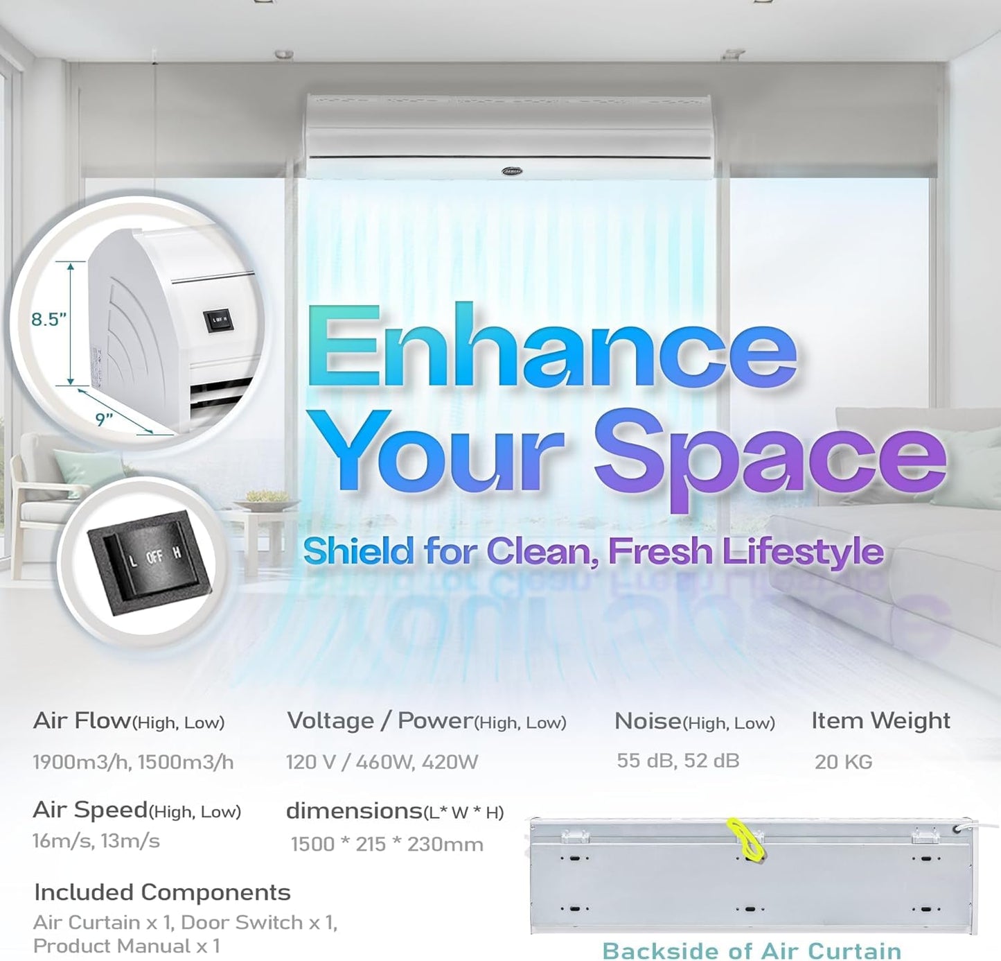 DuraSteel Wall Mounted Air Curtains for Doors Commercial - 60 Inch White Fly Fans - Super Power Over Door Fan with MS Switch - Sliding Under Door Fans to Move Air Curtain Blower Keep Flies Bugs Out