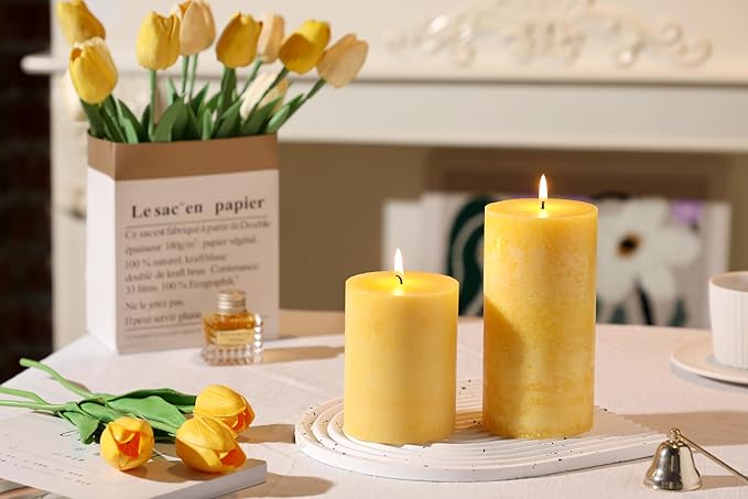 3x4 inch Yellow Pillar Candles Set of 3, Unscented Pillar Candle, Dripless and Smokeless Large Candles, Candle for Home Decor, Dinner Table,Weddings, Holidays