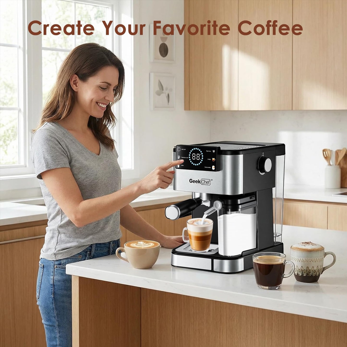 Geek Chef Espresso Machine, 20 Bar Espresso and Cappuccino Coffee Maker, Quick Heating Automatic, Latte & Cappuccino Creator, for Home, for Gift to Family, Friends, Coffee Shops