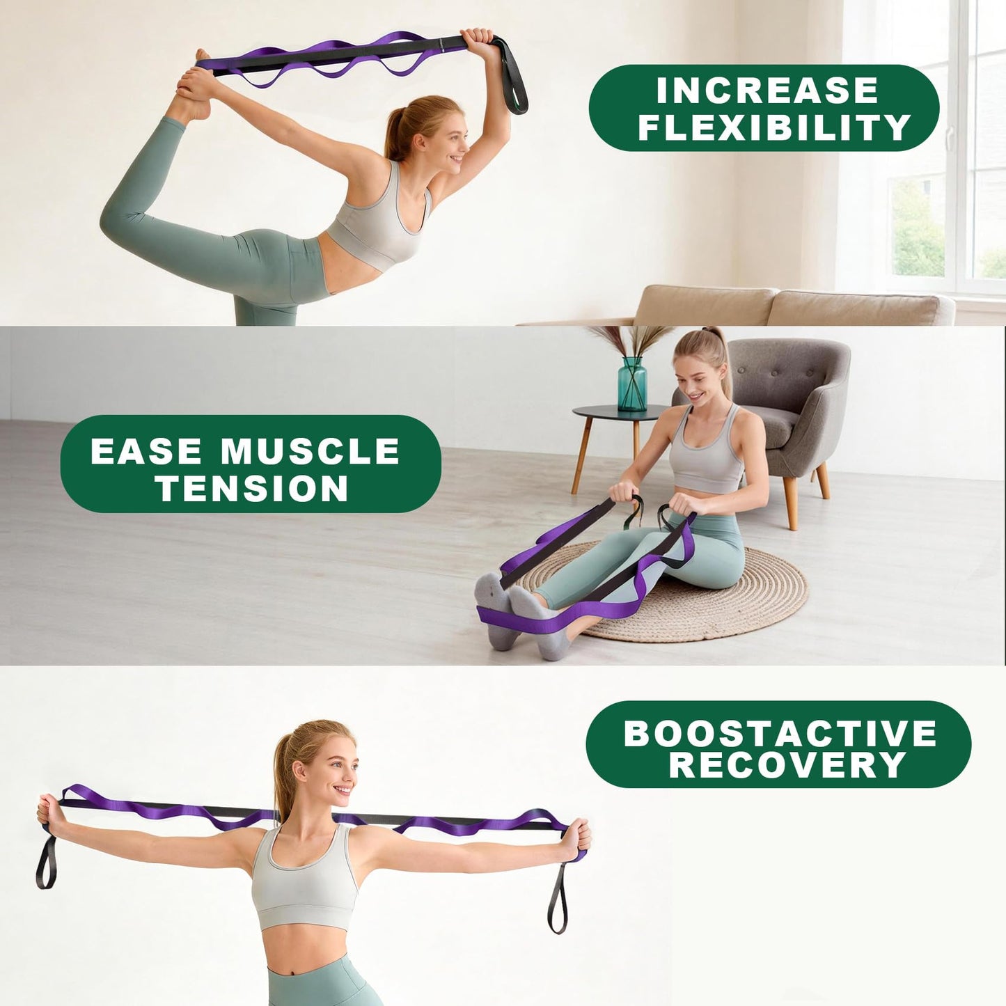 Acozycoo Stretching Strap with 10 Loops – Non-Elastic Yoga Strap for Physical Therapy, Knee Replacement Recovery & Plantar Fasciitis – Leg Stretcher Band for Flexibility & Hamstring Rehab(Purple)