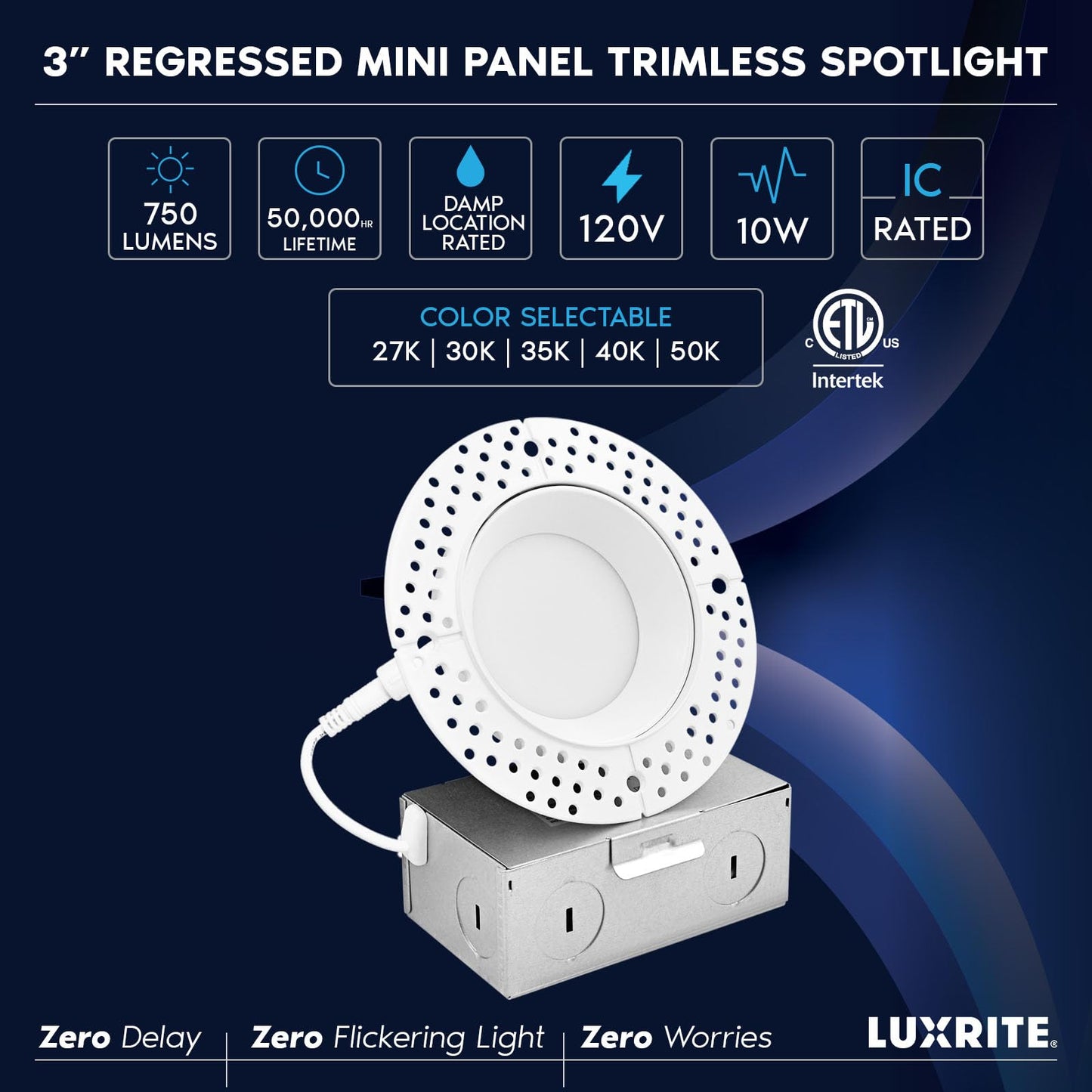 LUXRITE 3 Inch Trimless LED Recessed Light with Junction Box, 5CCT Selectable 2700K-5000K, 10W, 750LM, Dimmable, Wet & IC Rated, Canless Downlight, ETL Listed, New Construction and Remodel (6 Pack)