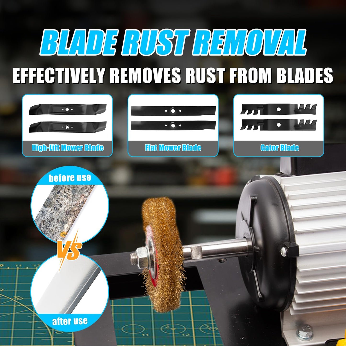 RFRYZE Lawn Mower Blade Sharpener 550W 1700 RPM, 3/4HP Bench Grinder with 7-Inch Ceramic Wheel, Adjustable Angle Sharpener for High Lift, Low Lift, Gator & Flat Blades