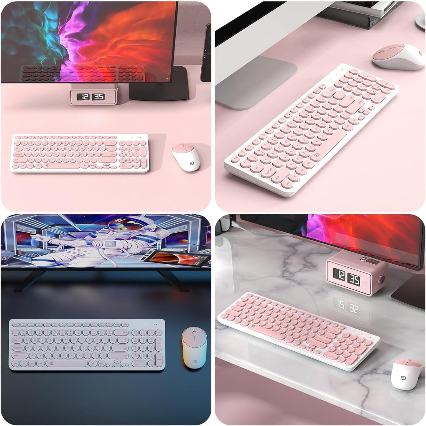 FD iK6630 2.4GHz Set Wireless Keyboard and Mouse Combo - USB Cordless, Cute Round Keys, Quiet and Slim for Laptop