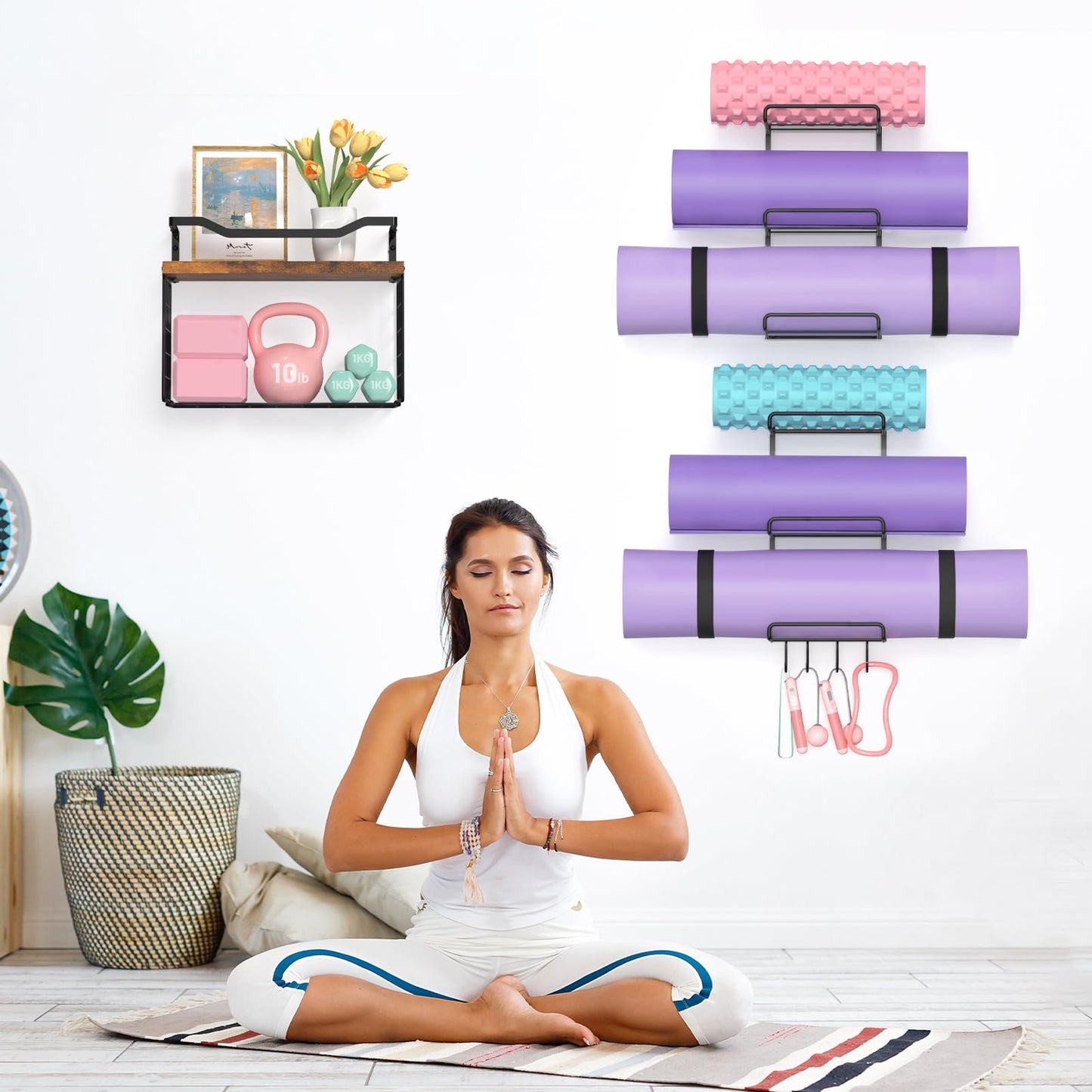 LIDTOP 6-Tiers Yoga Mat Holder Wall Mount with Wood Floating Shelves, Yoga Mat Storage Rack Home Gym Accessories with Hooks for Hanging Stretching Strap & Resistance Bands, Yoga Room/Home Gym Decor