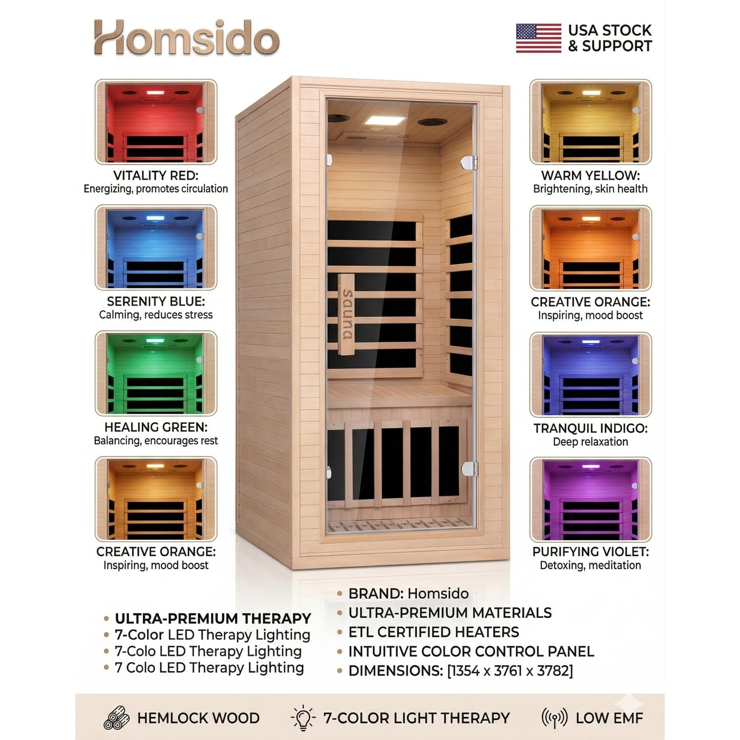 Homsido 1-Person Far Infrared Sauna, Canadian Hemlock Wood, 1200W 5-Panel Heat, 7-Color Ambient Light & Oxygen Bar, Bluetooth, 149°F Max Temp, Personal Home Sauna for Gym/Apartment, 32"x34"x67"