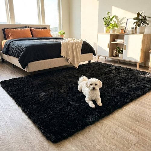 Mugorn Black Area Rug - Soft Fluffy Shag Carpet for Bedroom & Living Room | 2x3 Feet with Non-Slip Pads