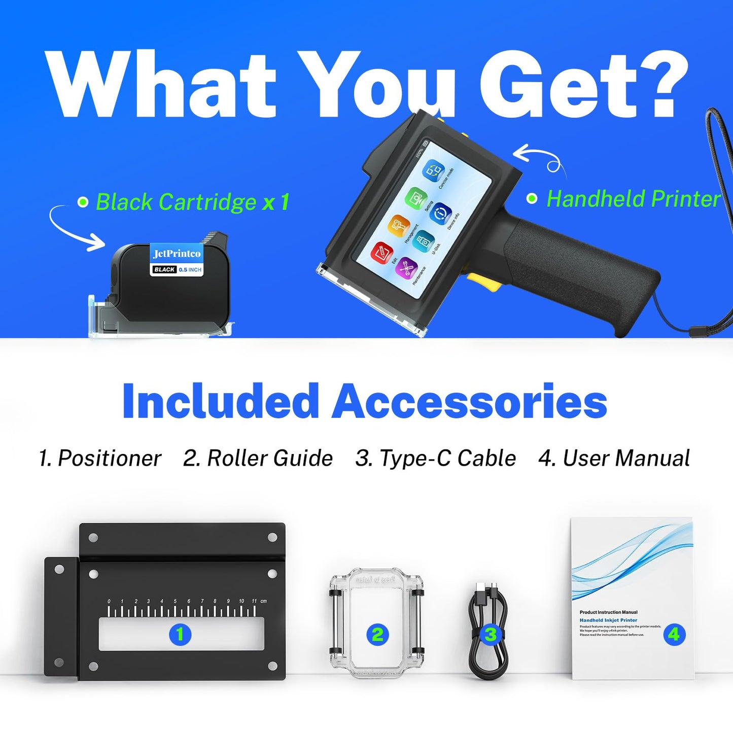 0.5 Inches Print Height Intelligent Handheld Inkjet Printer Lasts 16H Weighs Only 390g for Batch Code Date Lot Number Print on Plastic Carton Wood Metal Glass Aluminum with 42ml Fast Dry Ink (Black)
