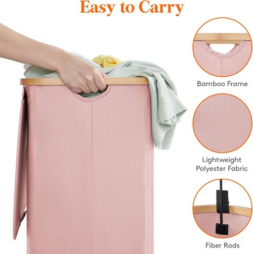 Lifewit 80L Laundry Basket - Foldable Clothes Hamper with Lid & Bamboo Handles | Pink