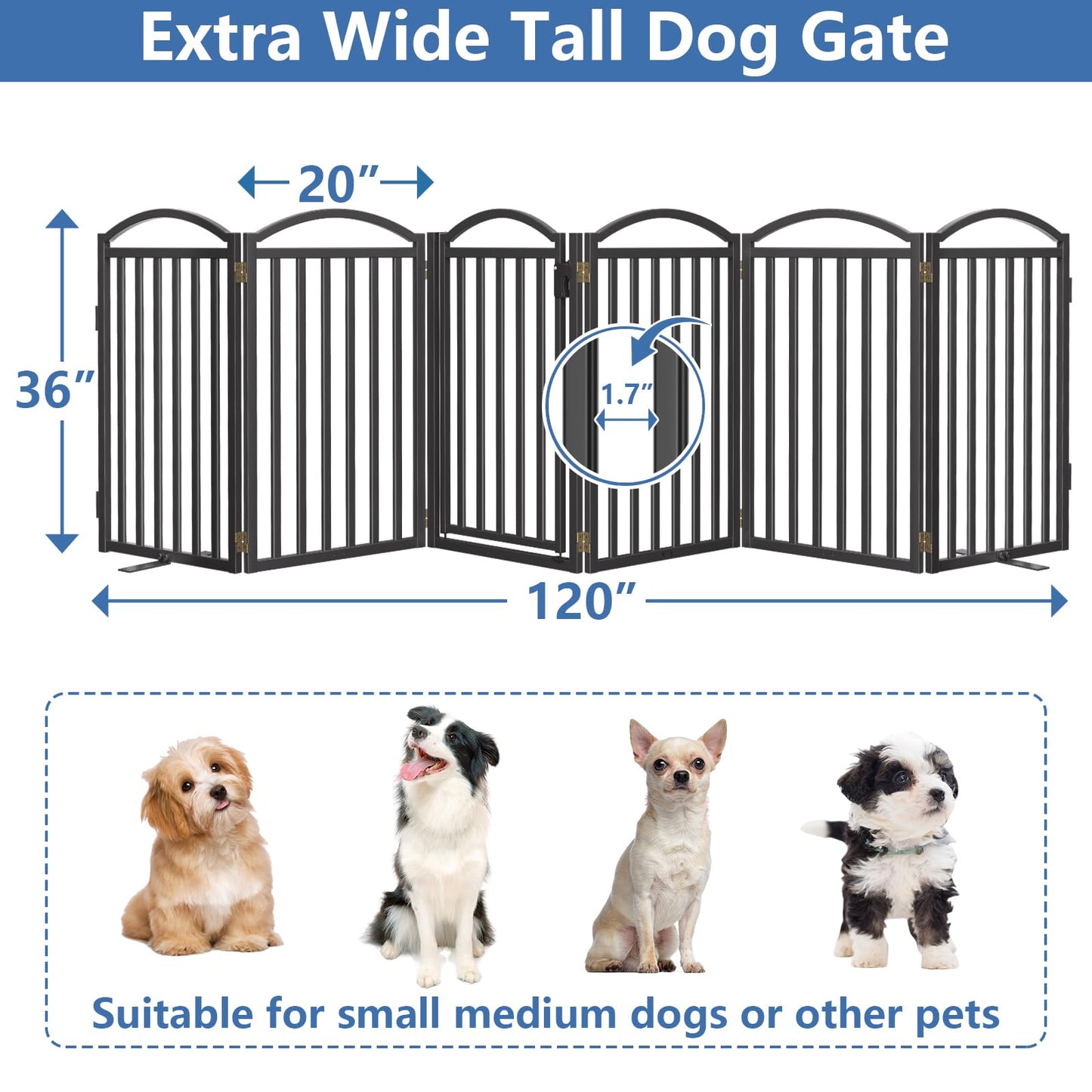 Malier Metal Freestanding Dog Gates with Door, 36'' Height Outdoor Indoor Dog Fences, Extra Wide Foldable Puppy Gate for Stairs (Black, 【6 Panels with Door】 120''W × 36''H)