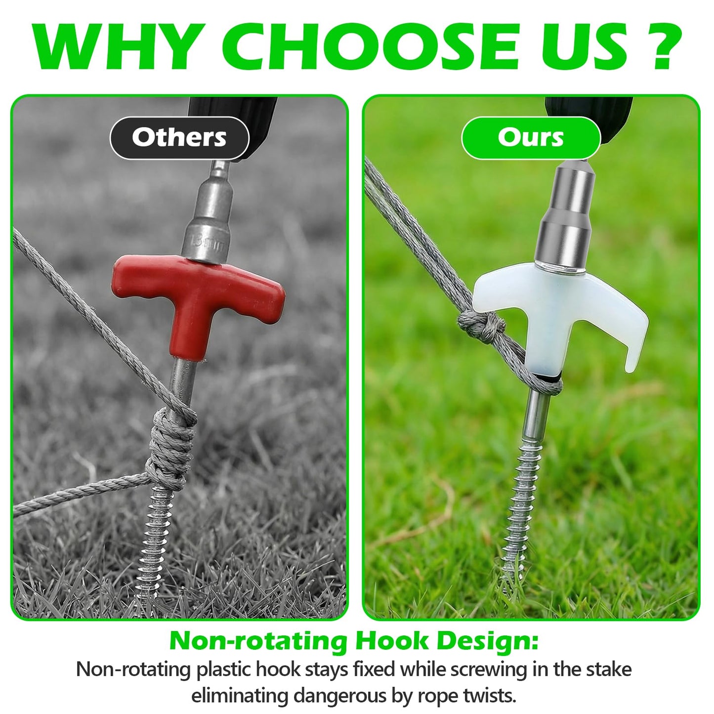 12 Pack 8" Heavy Duty Screw in Tent Stakes, Metal Camping Stakes, Drill-In Ground Anchor, Threaded Stakes for Canopies, Gardening, Yard Inflatables, with Hex Socket and Storage Bag (Luminous)
