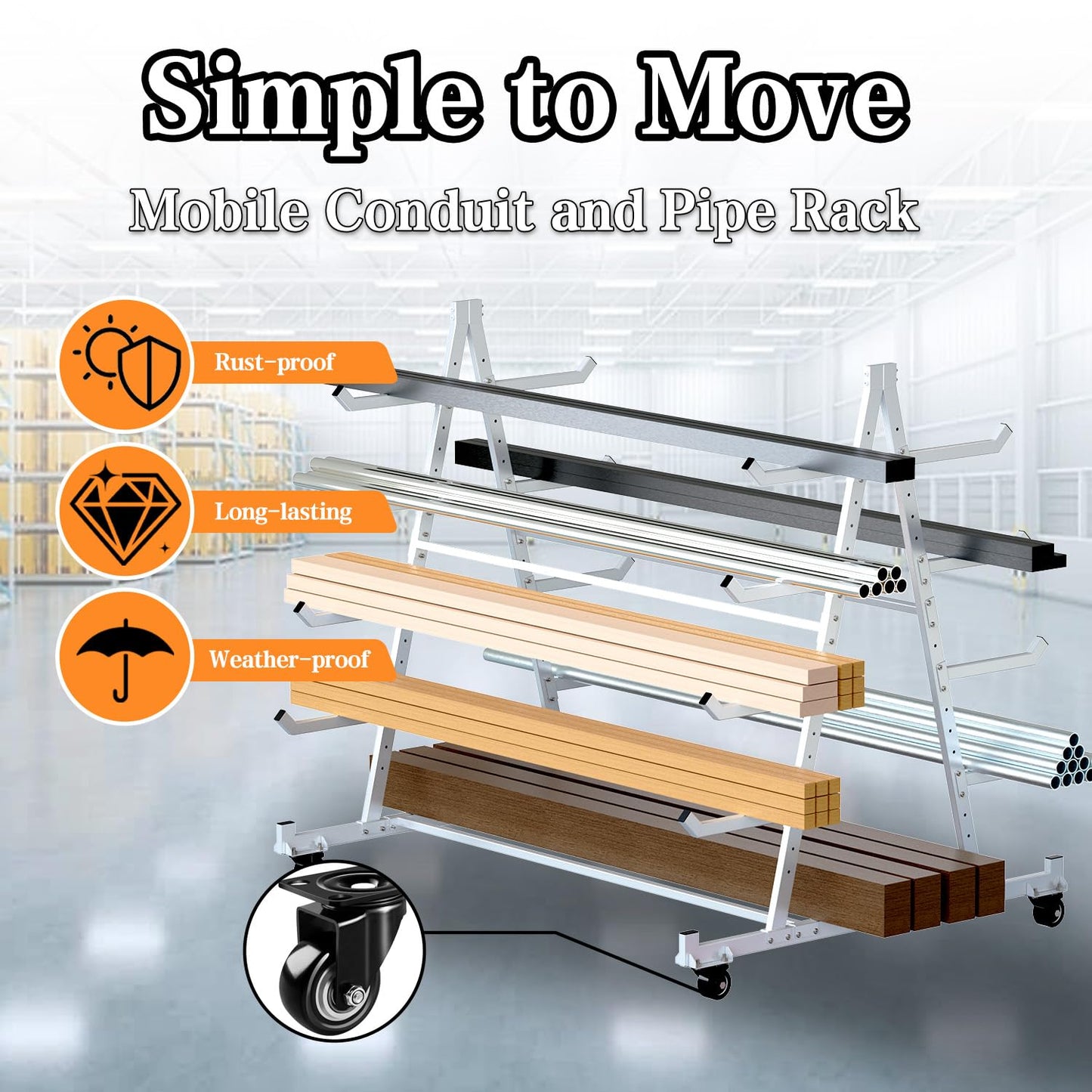 BUYYAH Heavy Duty Horizontal Storage Rack with 3 Inch Wheels 2 Fixed & 2 Swivel, Mobile Material Handling Conduit Pipe Rack Holds up to 1000lbs, Alloy Steel, 5ft x 3.7ft x 4.3ft