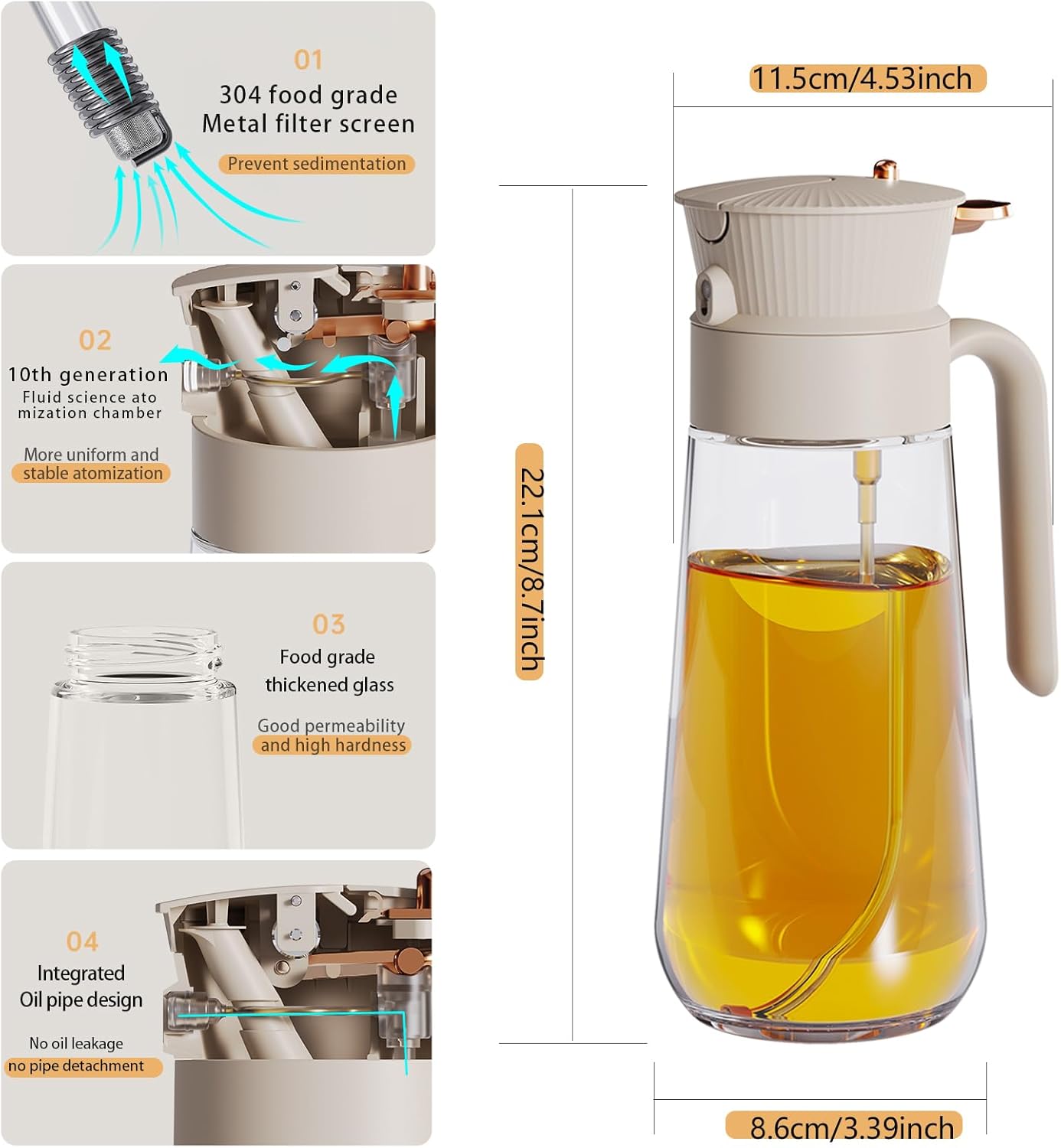 Skiennix Olive Oil Sprayer - 2-in-1 Leak-Proof Glass Dispenser with Mist & Precision Pour | 19.6oz/580ml
