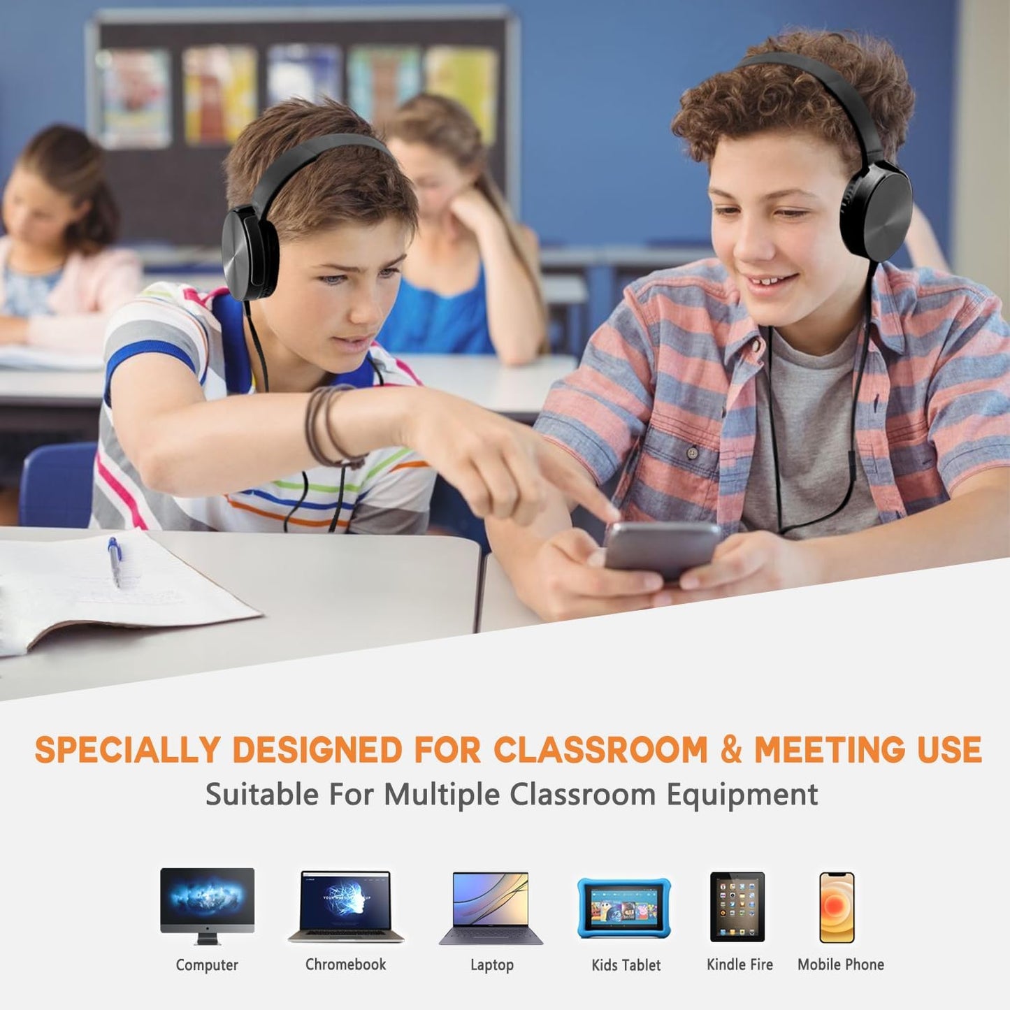 2 Pack K-12, (HY450, Wired Classroom Headphones with Microphone for Kids All Ages Durable Students Computer Headphones