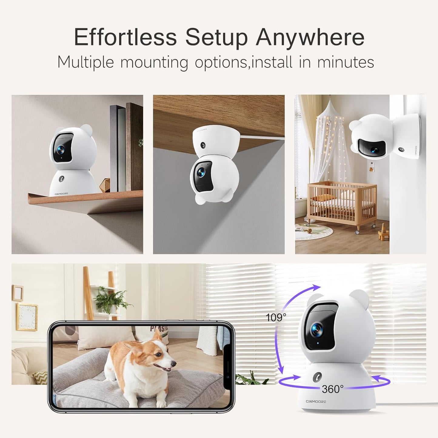 CINMOORE 2.5K 2pack, 4MP 2.4GHz 2-Way Indoor Camera Non-Subscription AI Person/Pet/Cry Detection, Pet/Dog/Cat/Baby