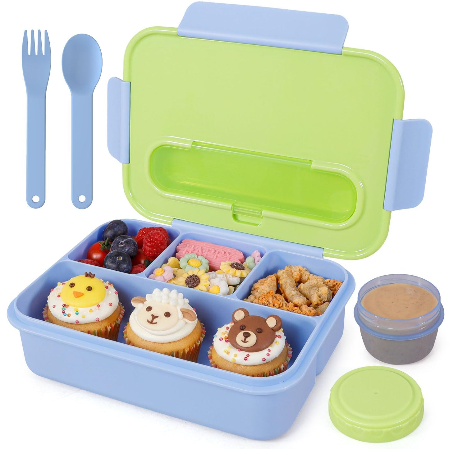 Caperci 50oz Larger Bento Box for Kids - Reinforced Leakproof Lunch Box Containers for Kids, Built-in Sauce Cup, Utensils, 4 Compartments, BPA-Free Microwave & Dishwasher Safe (Lime/Blue)