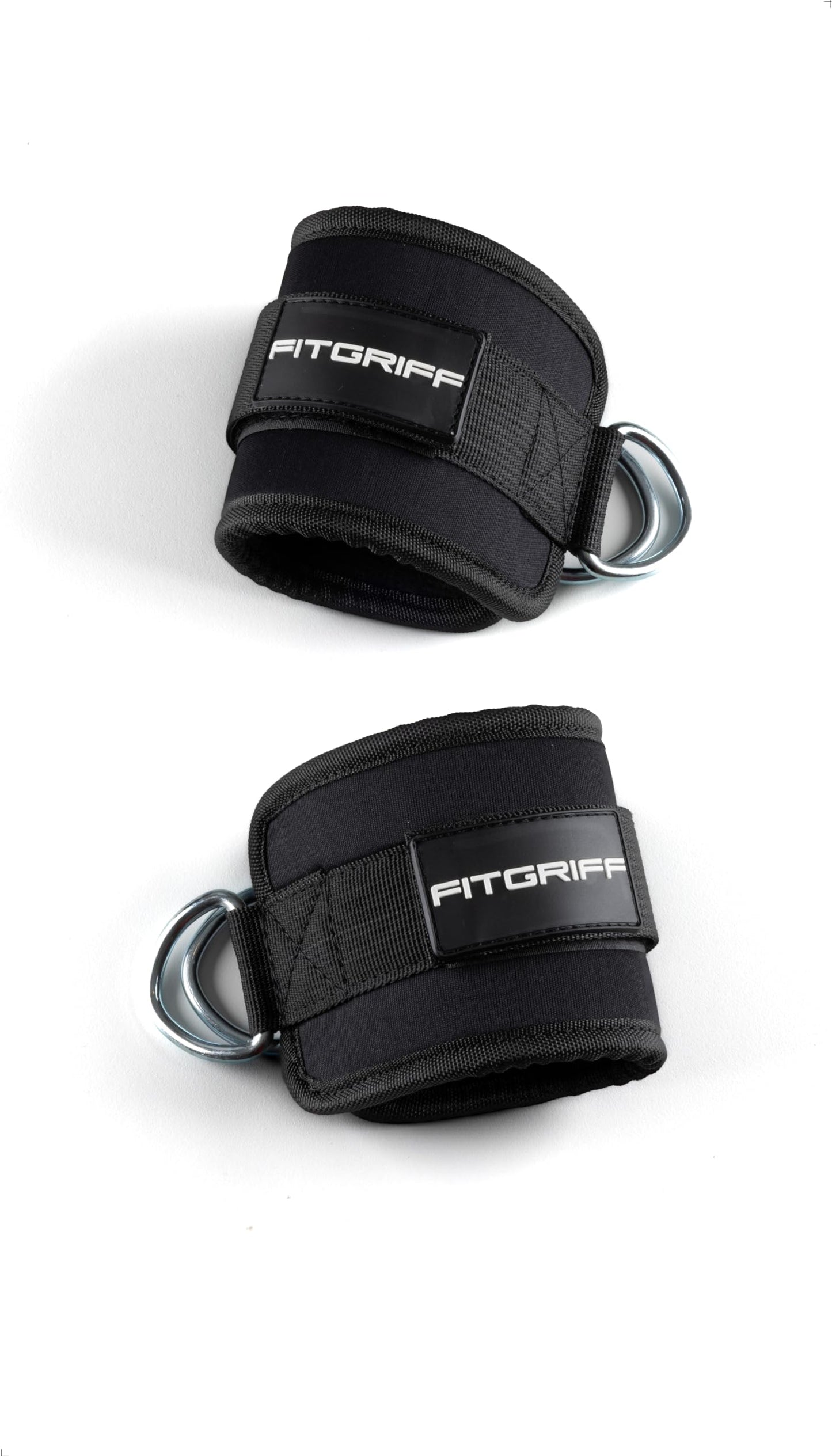 Fitgriff® Ankle Straps V1 for Cable Machine (2 Pieces) - Gym Workout Equipment - Leg Pulley Attachment, Kickback Straps (Black)