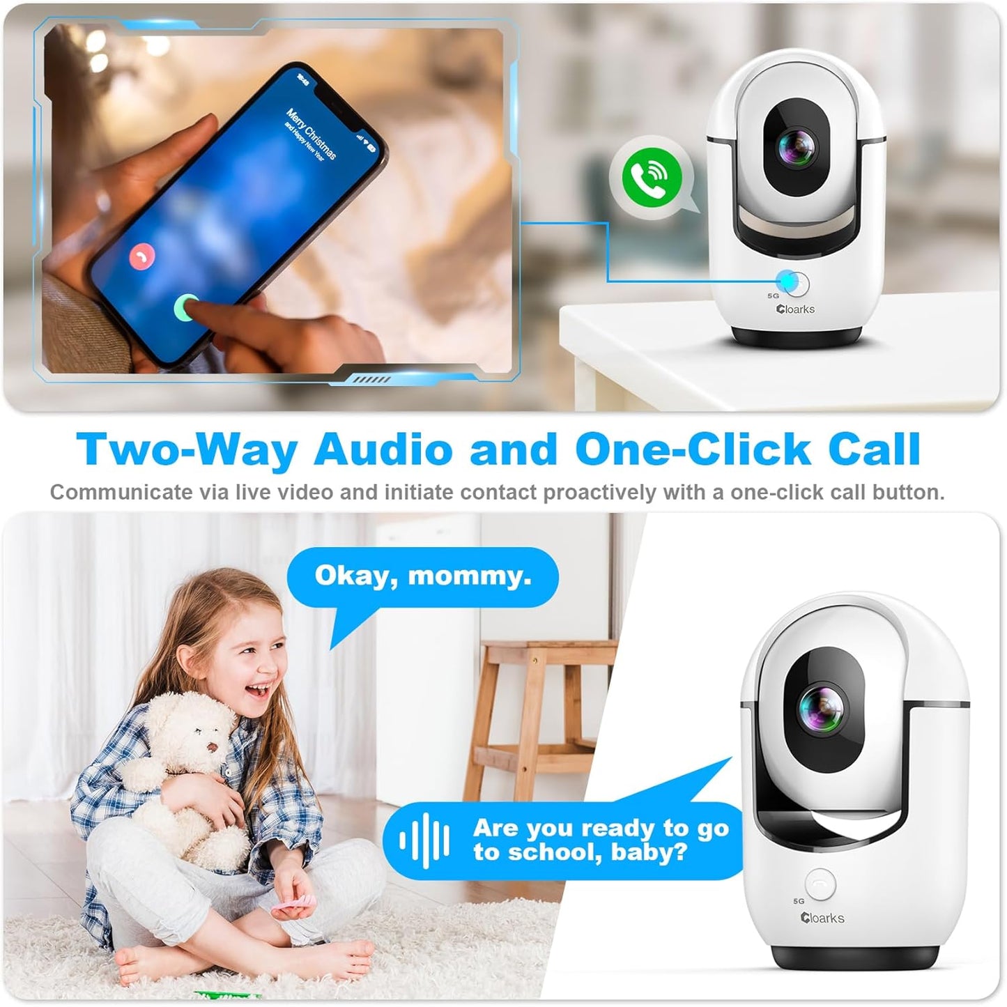 Cloarks 2K 5/2.4 2-Way 24/7, Indoor Camera, GHz WiFi Pan/Tilt Security Camera with AI Motion Detection, One-Click Call