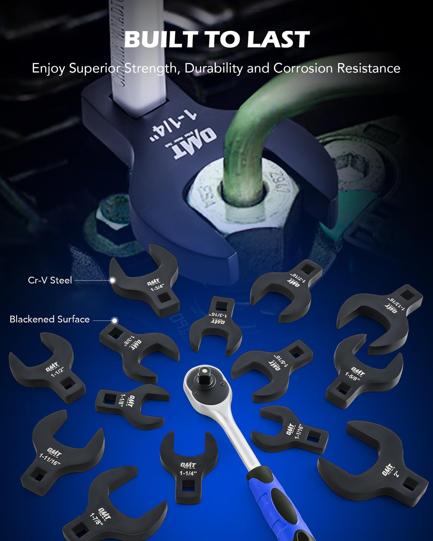 Orion Motor Tech 14 Piece Jumbo Crowfoot Wrench Set, SAE Crows Foot Wrench Set for 1-1/16" to 2" Flare Nuts for 1/2" Drive Rachets & Extenders, Blackened Cr-V Steel Crowfoot Wrenches with Carry Case