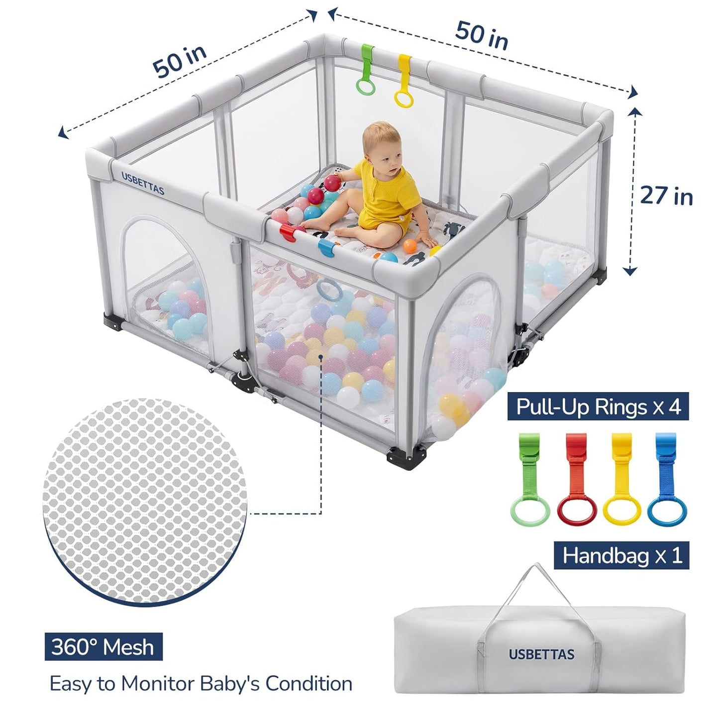 Skiennix Foldable Baby Playpen - Lightweight Portable Design with 1-Minute Setup | 50"x50" Light Gray Indoor/Outdoor Safety Yard