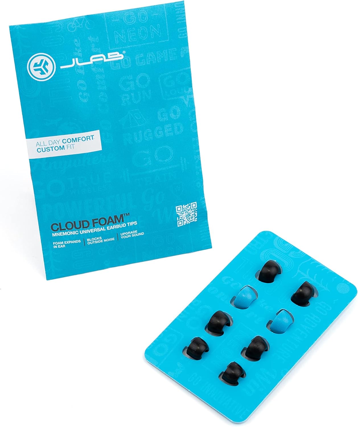4 JLab Cloud Foam Mnemonic Earbud Tips, Pairs of Custom Fit Universal Tips, Memory Cloud Foam, Black/Blue