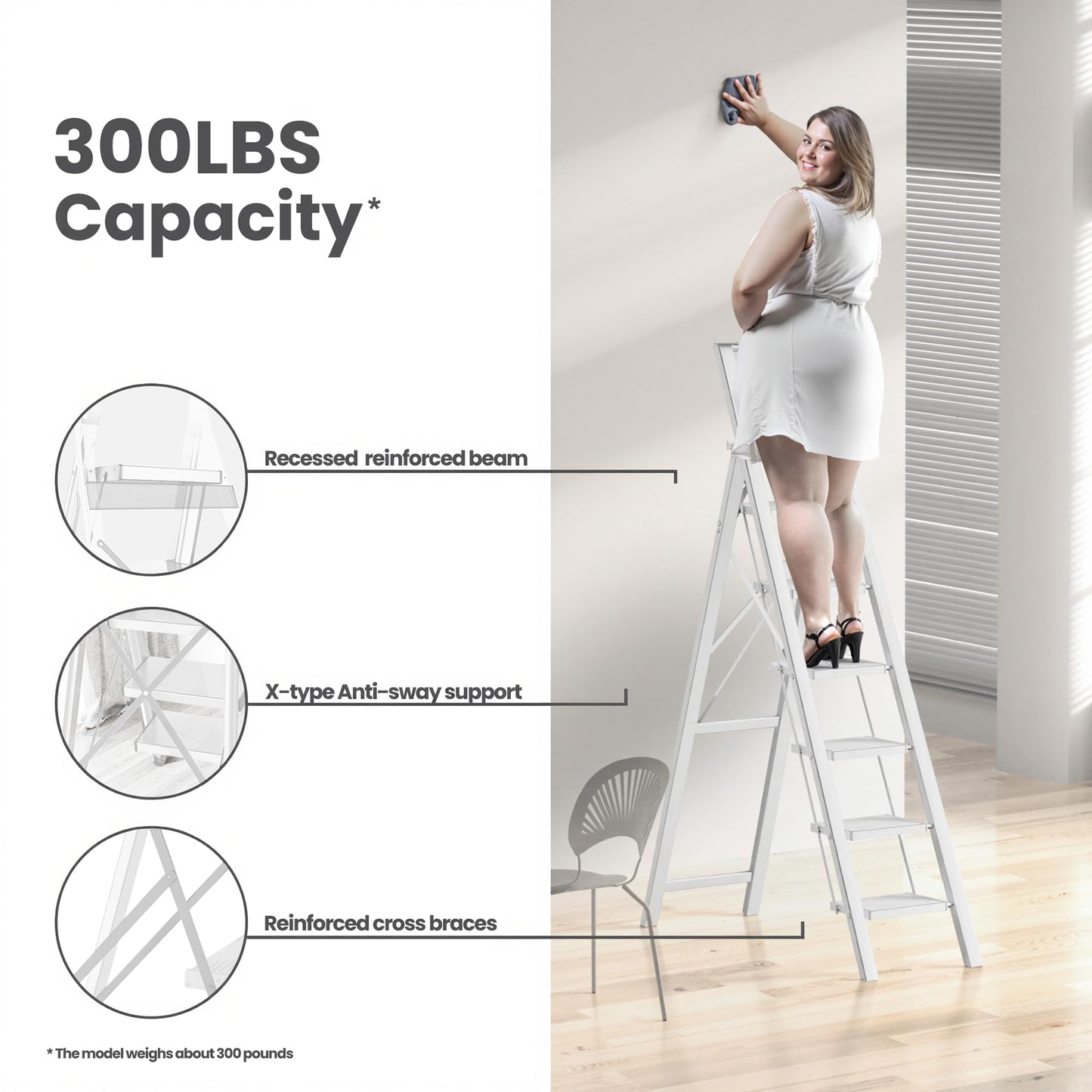 SOLADDER 6 Step Ladder, Folding Step Stool with Handgrip and Anti-Slip Wide Pedal, Portable Lightweight Aluminum Stepladder for Kitchen, Home, Library, Office (300 lbs Capacity) - White