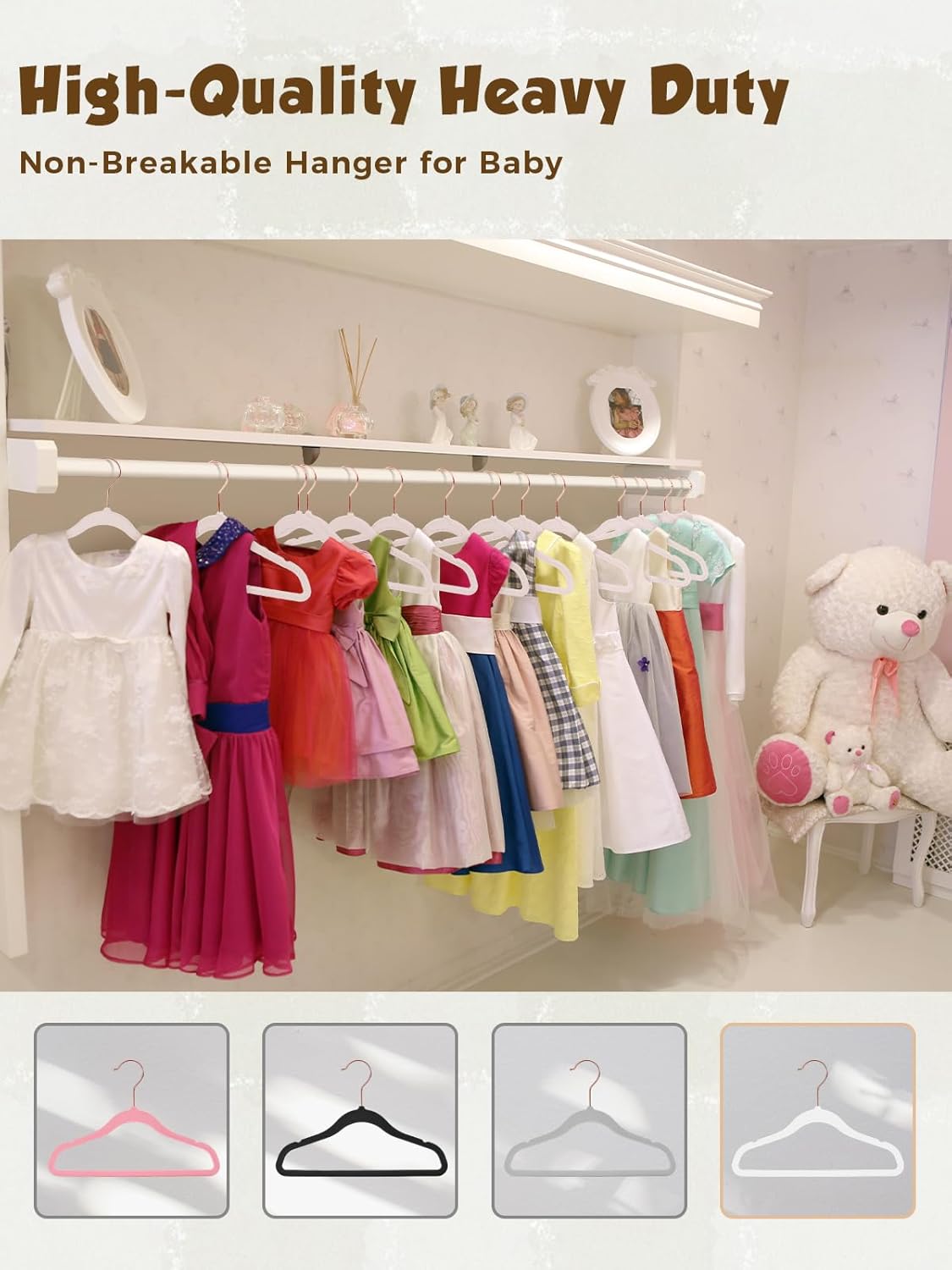 Smartor Kids Velvet Hangers - 50 Pack Premium Non-Slip Felt Hangers for Toddler Clothes | 14 Inch, White with Rose Gold Hook