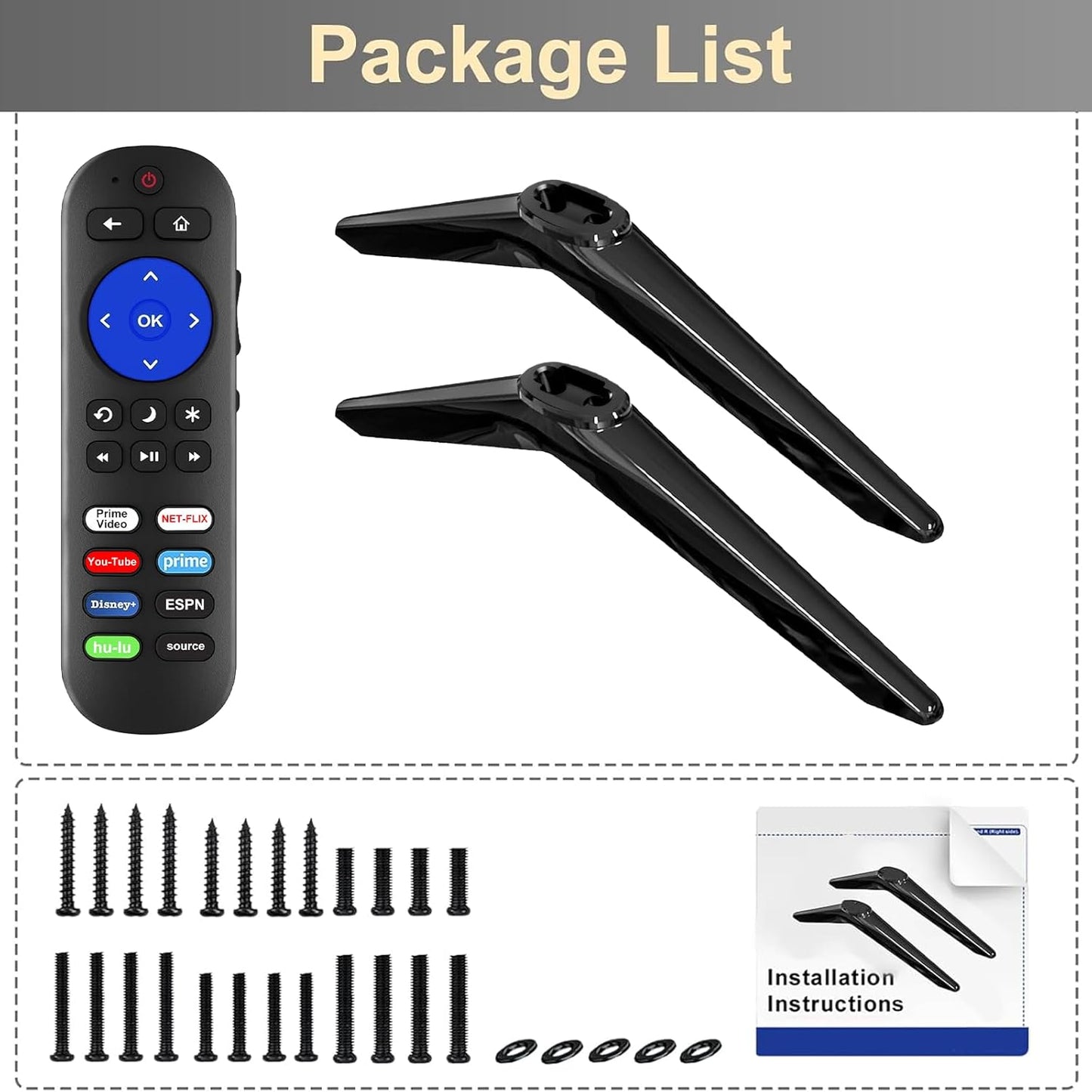Yimaut 28" 32" 40" 43" 49" 50" 55" Base Stand and Remote Control Compatible with All TCL Roku TV & Players, Stand Legs