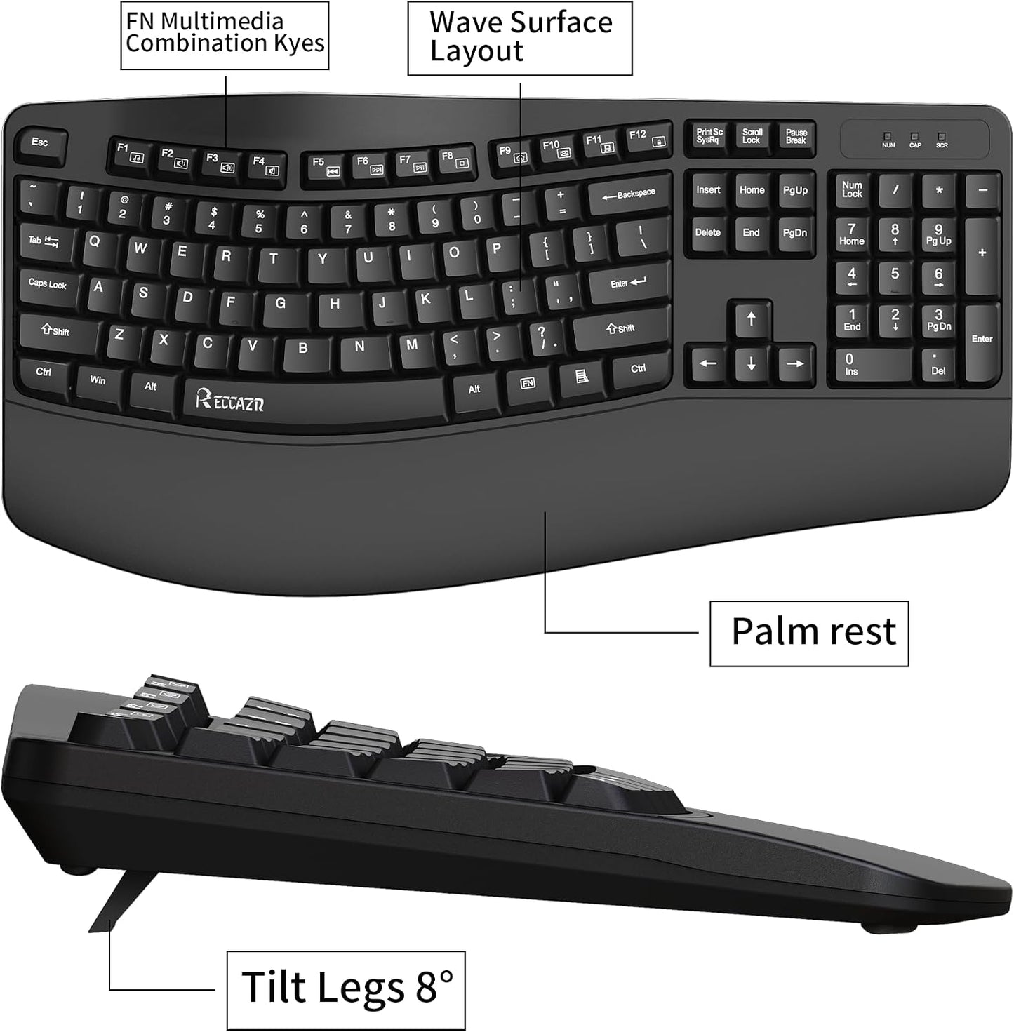 RECCAZR Ergonomic Keyboard, Wired Computer USB Keyboard with Wrist Rest, Spill-Resistant, Wave Keys for Natural Typing