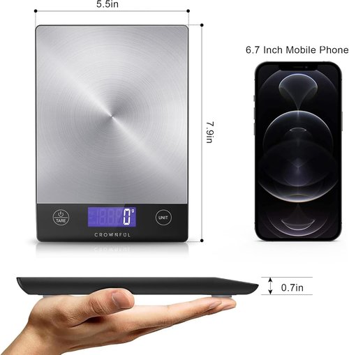 CROWNFUL Digital Kitchen Scale - 33lb Rechargeable 304 Stainless Steel | LCD Display for Accurate Meal Prep