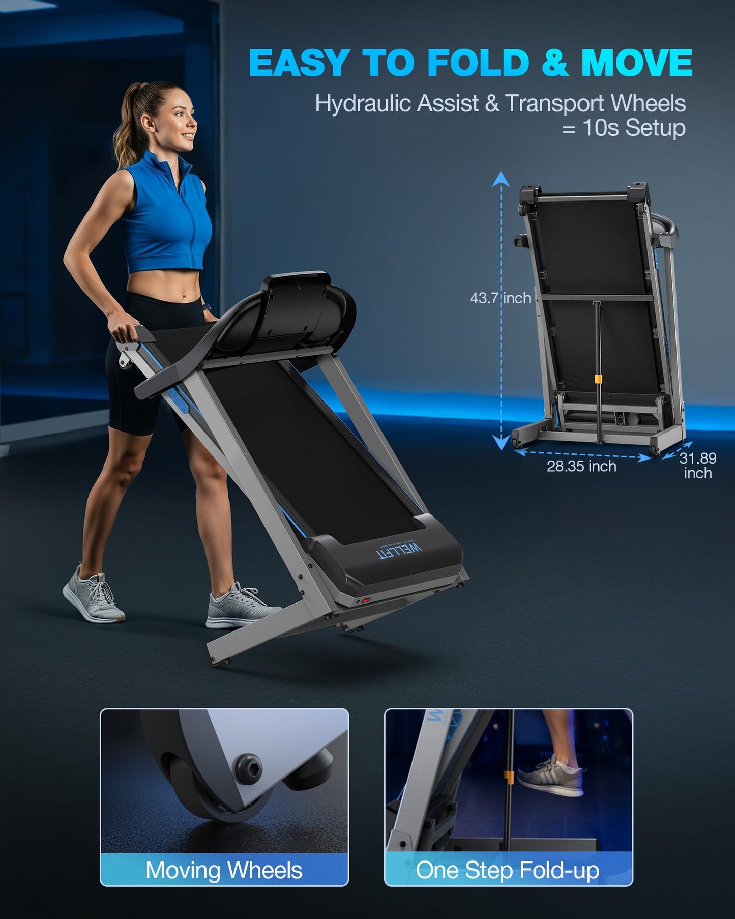 WELLFIT Treadmill with 15% Auto Incline, 400LBS Capacity, Foldable Treadmills with Handlebar, Heart Rate Sensor, LED Display, App Control, 4.0HP Heavy Duty Treadmill for Home, Seniors, Adults, Teens
