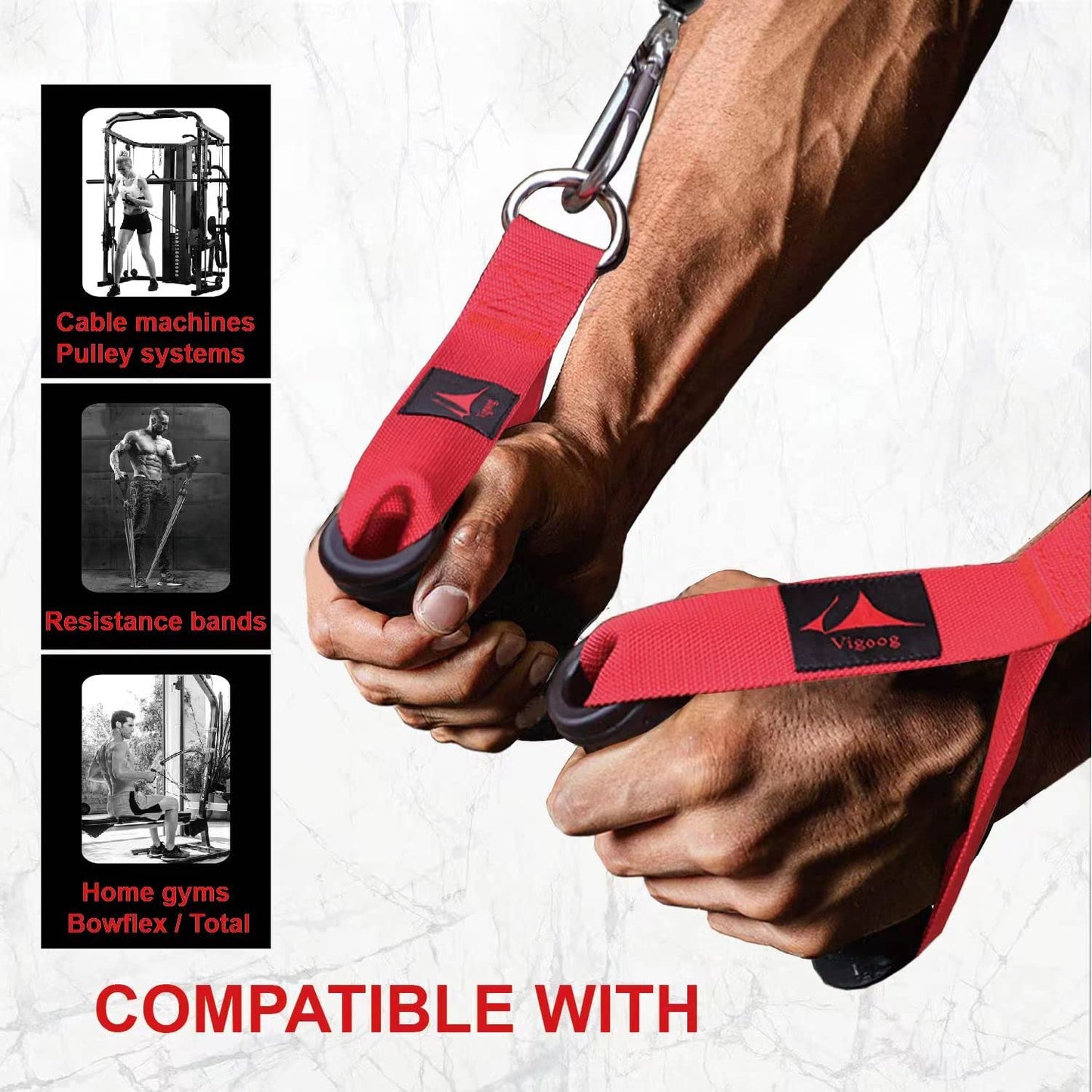 Vigoog Heavy Duty Gym Exercise Handles Attachment for Cable Machine,Resistance Band,Pulley System Home Fitness Workout Equipment, with Elastic Rubber Grip and 2 Large Carabiners (Glory Red)