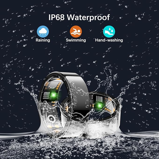 Health Tracker Ring, Smart Health Ring for Women Men with Heart Rate, Blood Oxygen, Sleep Monitor, Steps,Calories, No Subscription Fee, IP68 Waterproof Smart Ring for iPhone & Android (Black, 8#)