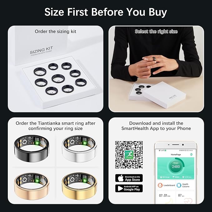Ring Health Tracker for Women Men, Fit Ring with Heart Rate, Blood Oxygen, Sleep Monitor, Calories, Step Counter, IP68 Waterproof Smart Ring for iPhone & Android, No Subscription Fee (Silver, 12#)