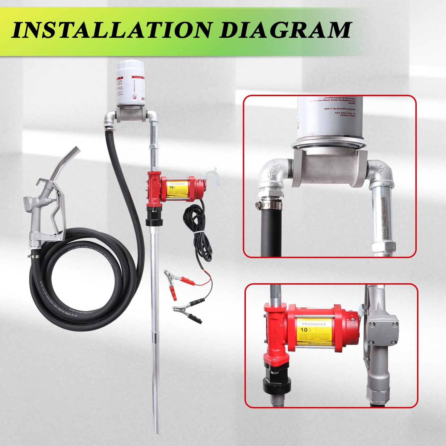 PRUNkuar 10GPM 12V Fuel Transfer Pump with Manual Nozzle, Particulate Filter,Cast Iron Heavy Duty for Gasoline Diesel Kerosene Biodiesel