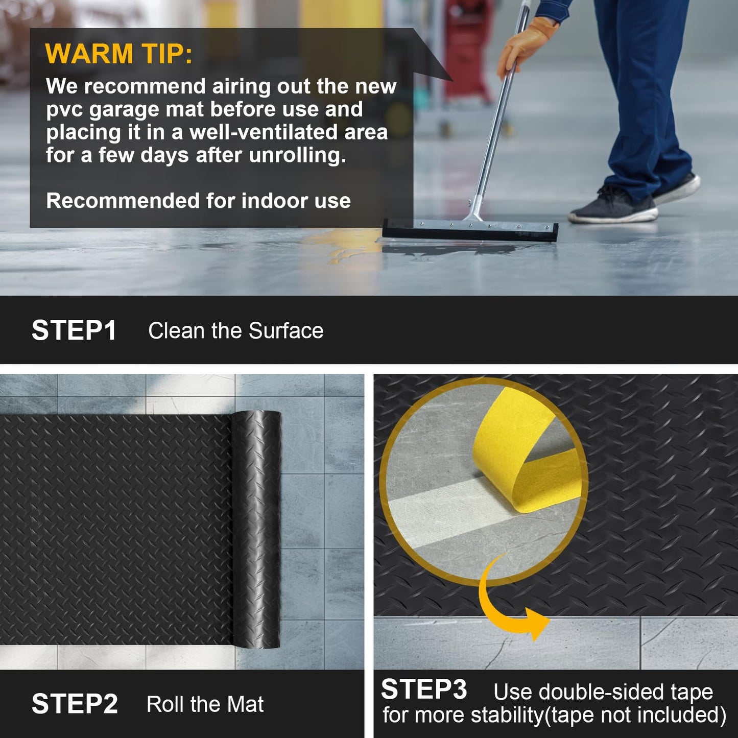 4x20FT Garage Floor Mat, 2.8mm Thickened Flooring Roll for Under Car, Golf Cart Parking Mat, Diamond Plate PVC Rubber Motorcycle Mat, Non-Slip Floor Protector for Garage Warehouse Trailer, Black