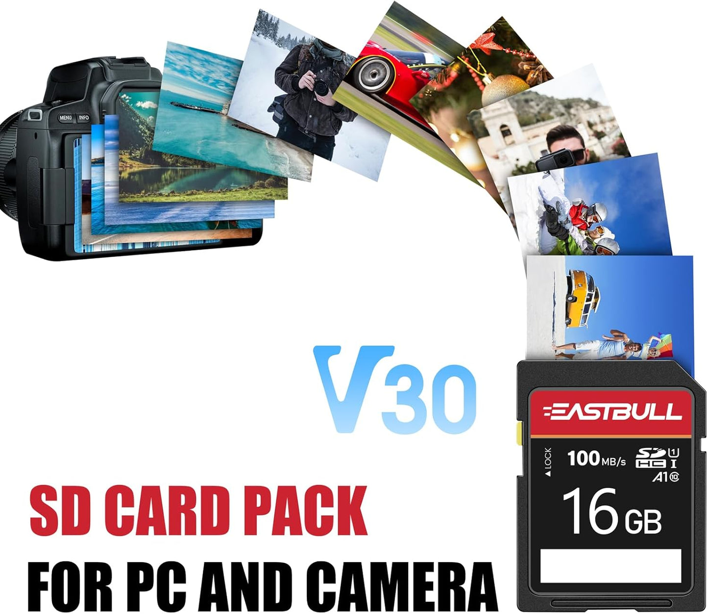 EASTBULL 5-Pack 16GB 10 U1 V30 100MB/s 5-Pack 5 (16 5 Pack) of SD Card Class SD Card High-Speed Read SDHC Memory Card