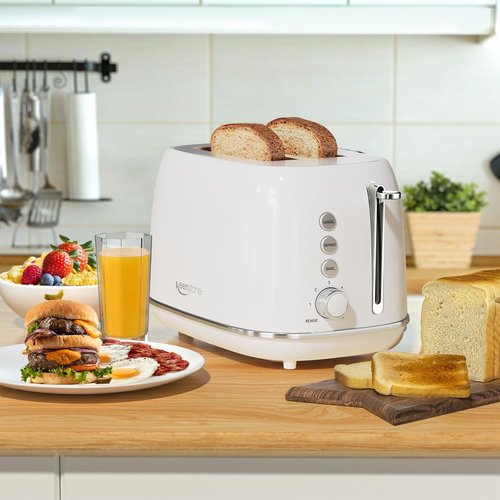 Keenstone 2-Slice Retro Stainless Steel Toaster - 6 Browning Levels, Reheat & Defrost, White
