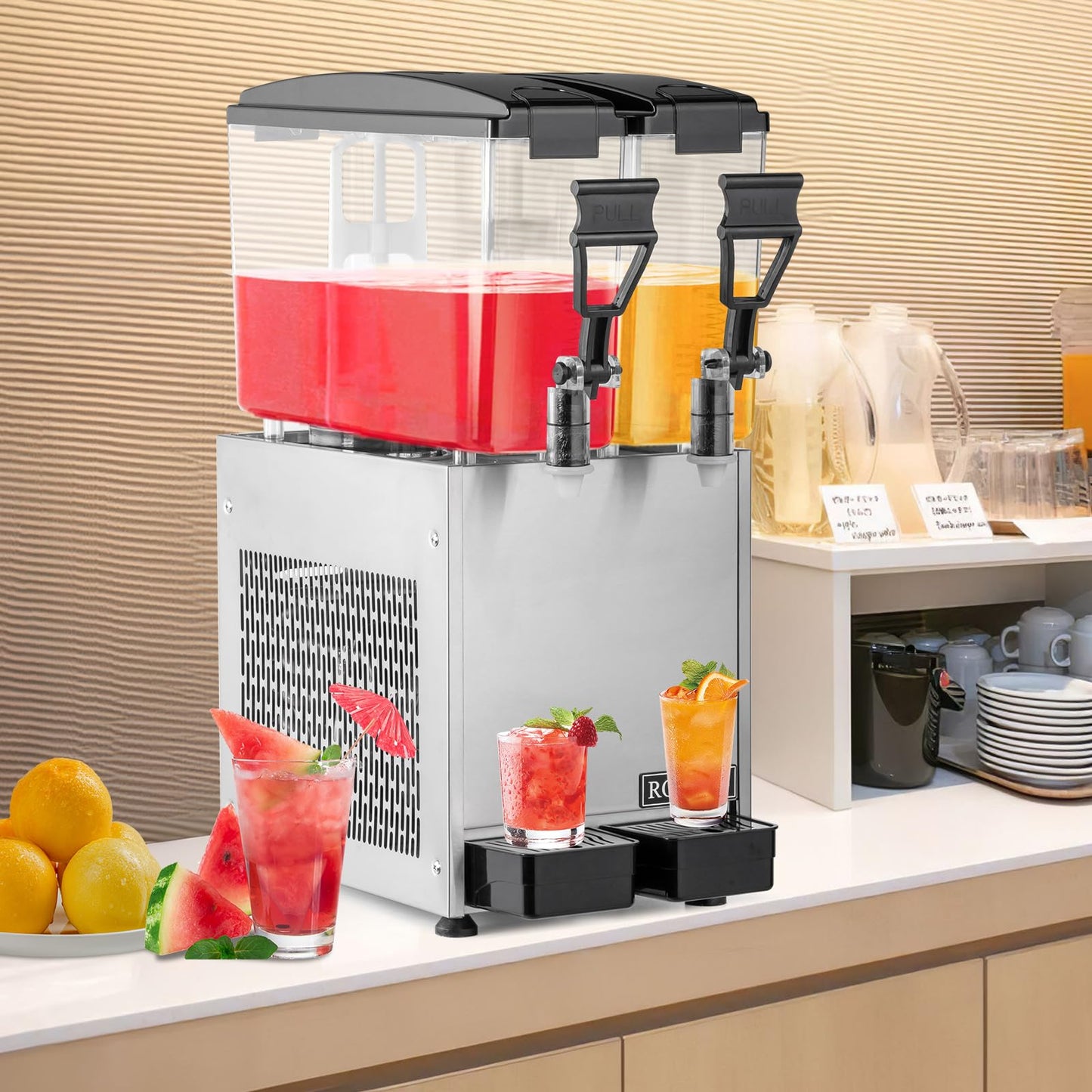 ROVSUN Commercial Beverage Dispenser 5.2 Gal/20L, Commercial Juice Dispenser Cold Drink Dispenser 10L X 2 Tanks Stainless Steel with Thermostat Controller for Home Restaurant Bar Party 110V/60HZ
