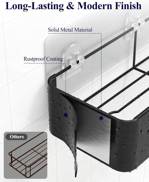 Kitsure Shower Caddy Adhesive - Stylish No-Drill Bathroom Organizer with Soap Holder & Hooks | Large Black 6-Pack