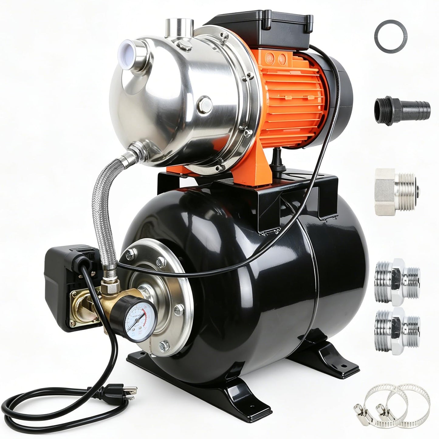 Ioboneed 1 HP Shallow Well Pump with Pressure Tank, 1000 GPH, Automatic Irrigation Water Booster Pump with 130 ft Head Lift 20/40 PSI Pressure Switch 304 Stainless Steel Pump Head for Home Garden Lawn