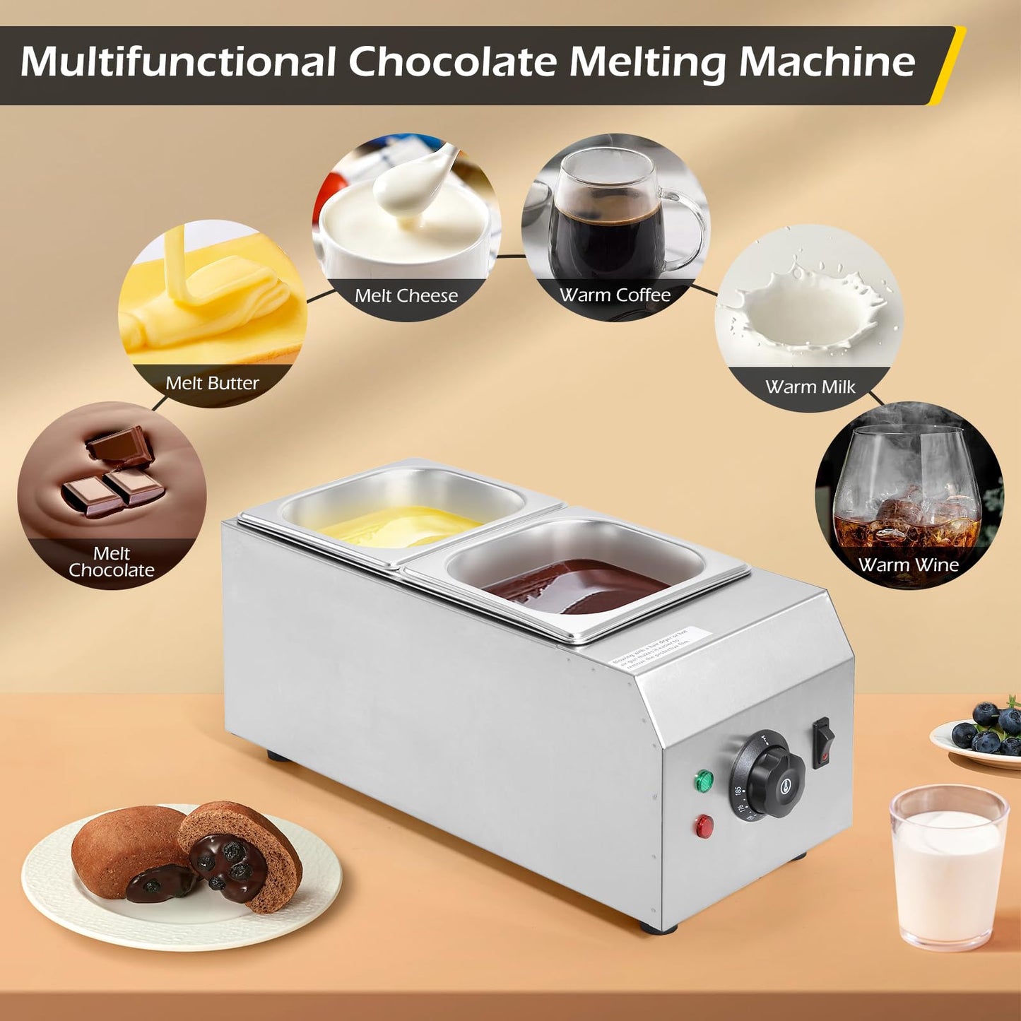 Dyna-Living Chocolate Melting Pot 2-Tanks Commercial Chocolate Tempering Machine Chocolate Tempering Pot 1000W Electric Chocolate Melter Pot Chocolate Warmer for Milk Coffee Cheese
