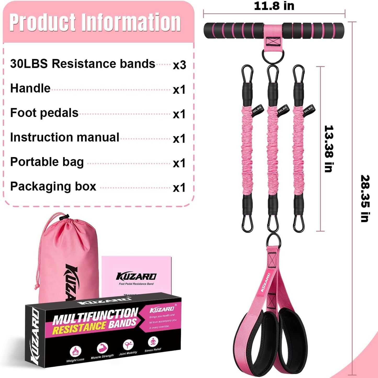 KUZARO Upgraded Multifunction Pedal Resistance Band with Handle, 3 Tube Adjustable Resistance Bands for Abdomen, Waist, Arm, Core/ABS, Leg Workout - Sit Up Exercise Equipment for Women