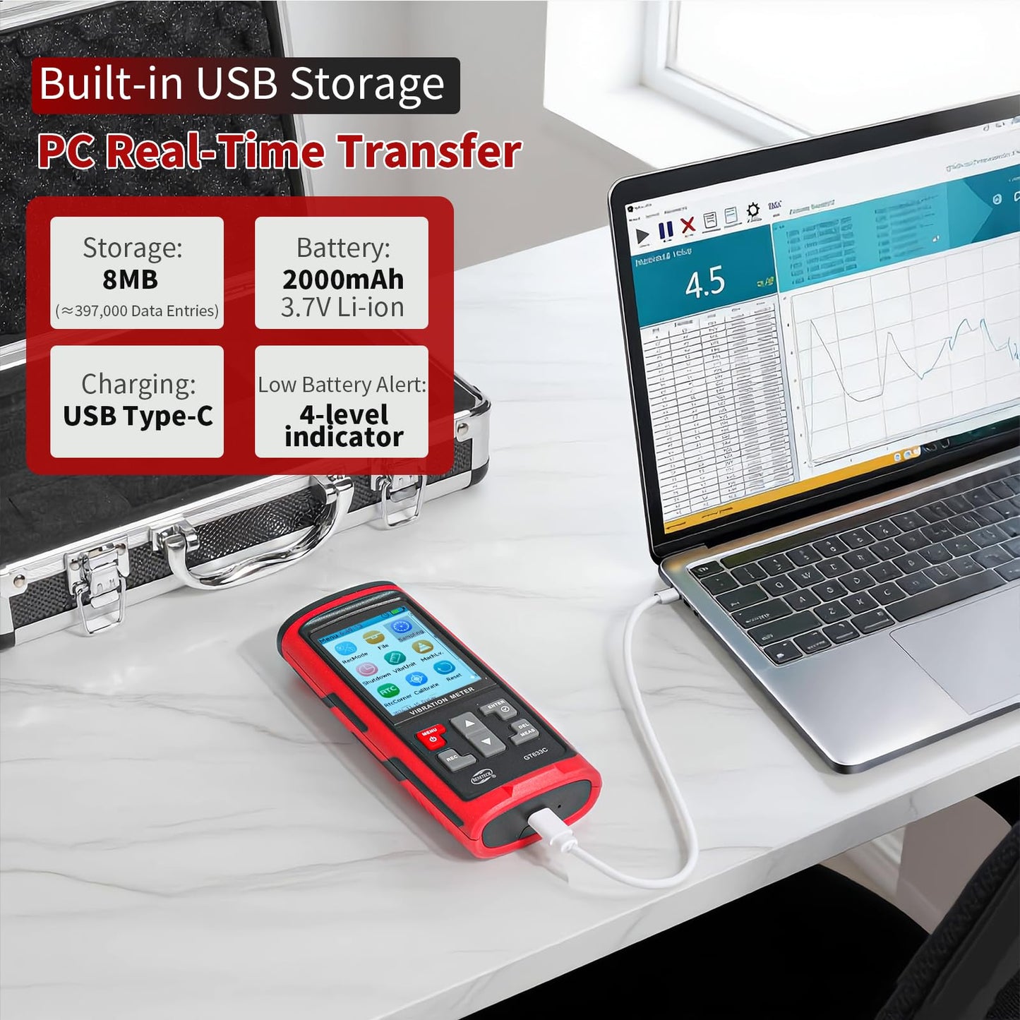 CHENNTAI Portable Digital Vibration Meter, with TFT Smart Screen 397000 Data Storage for Accurate Measurement of Acceleration Velocity Displacement Frequency Temperature