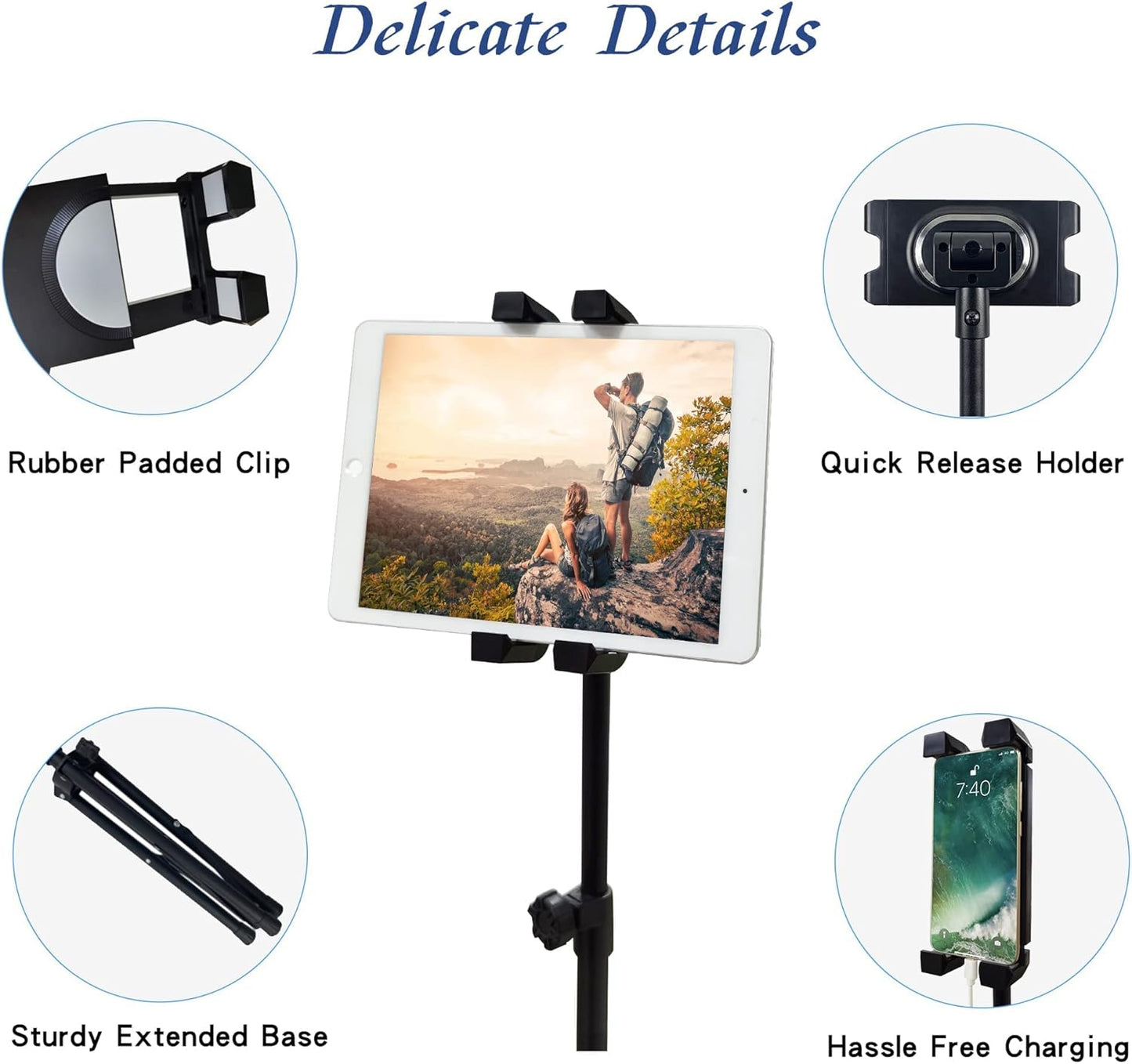 Raking 360Rotating 5.5-12.9 Inch Tablet Floor Stand, Height Adjustable Cellphone Floor Stand with Tripod Mount