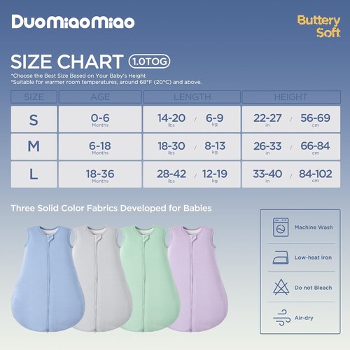 Duomiaomiao Baby Sleep Sack - Buttery Soft Bamboo Rayon | 2-Pack, 6-18 Months, 1.0 TOG, 2-Way Zipper