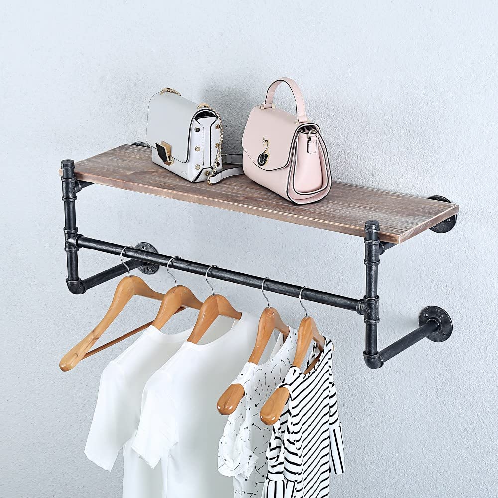 OLDRAINBOW Industrial Pipe Clothing Rack Wall Mounted with Real Wood Shelf,Pipe Shelving Floating Shelves Wall Shelf,36in Retail Clothes Racks Display Rack