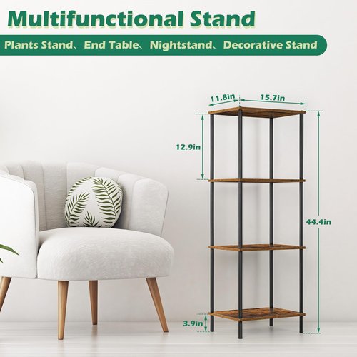 ETELI Tall End Table 4 Tier Wood Skinny Side Table Living Room with Storage Shelf Nightstand Bedside Table Plant Stand for Bedroom Office Dorm, Rustic Brown