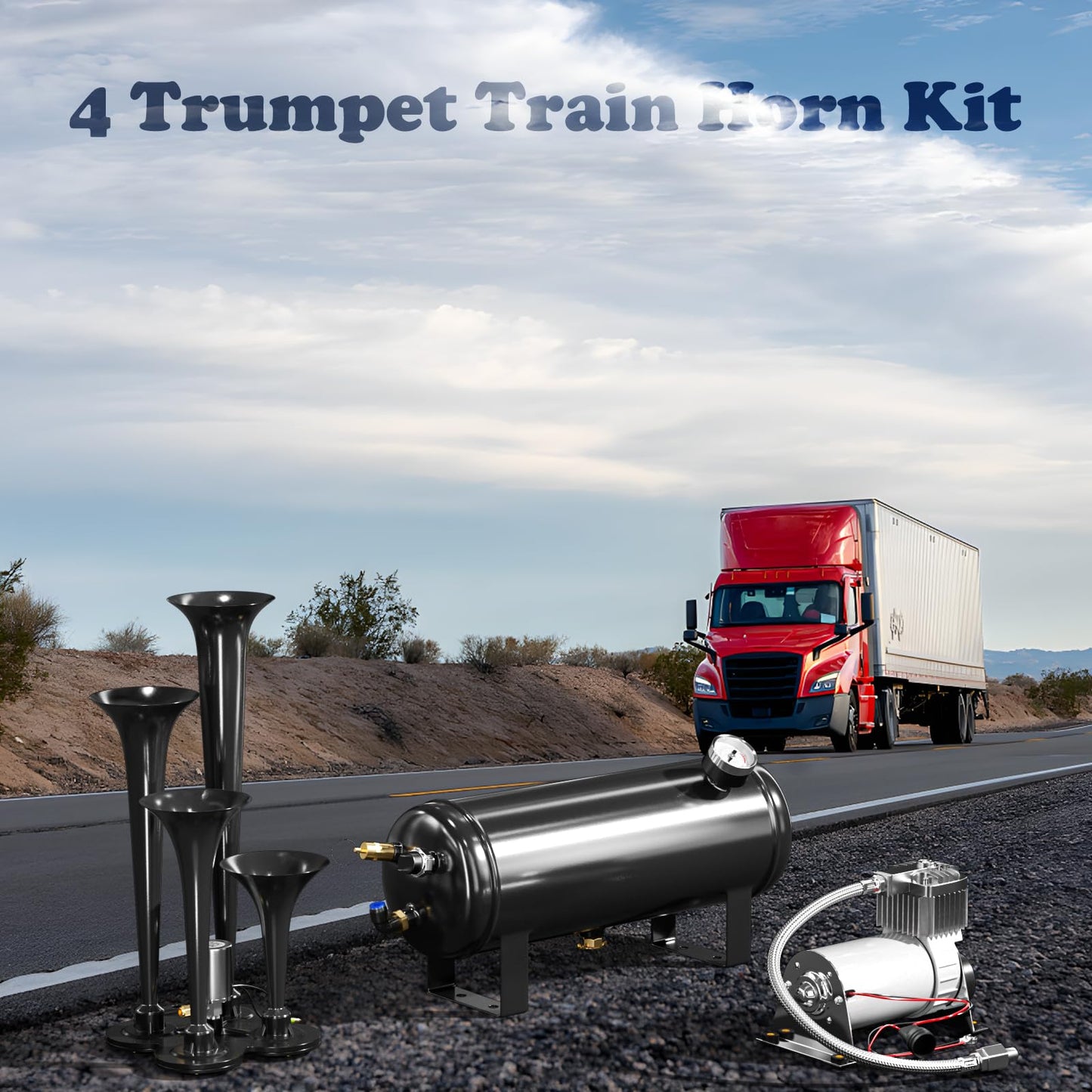 150DB Train Air Horn Kit, 4 Horn Kits for 150 PSI 12V Air Compressors, Ultra Loud Air Horn With Built-in 90-120 PSI Pressure Switch and Temperature Controller for Truck Complete Kit, Black 1.59 Gallon