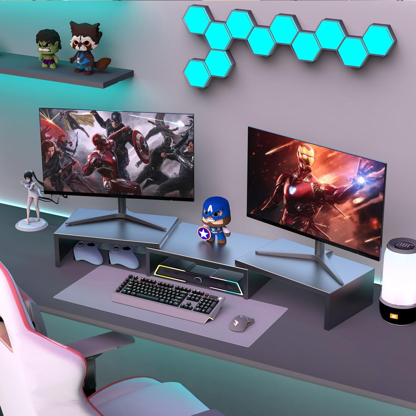 Black Metal Dual Monitor Stand - Ergonomic Desk Riser for Home and Office